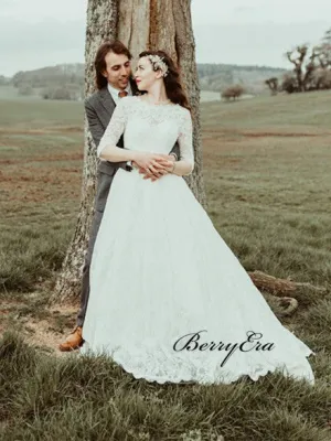 Half Sleeves Lace A-line Wedding Dresses, A-line Wedding Dresses, Bridal Gown