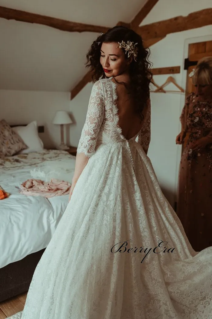 Half Sleeves Lace A-line Wedding Dresses, A-line Wedding Dresses, Bridal Gown