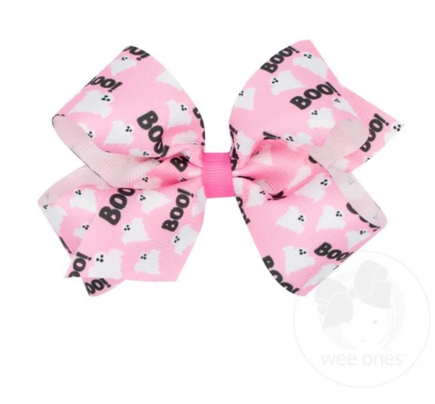 Halloween-themed Pink Boo Ghost Printed Grosgrain Hair Bow