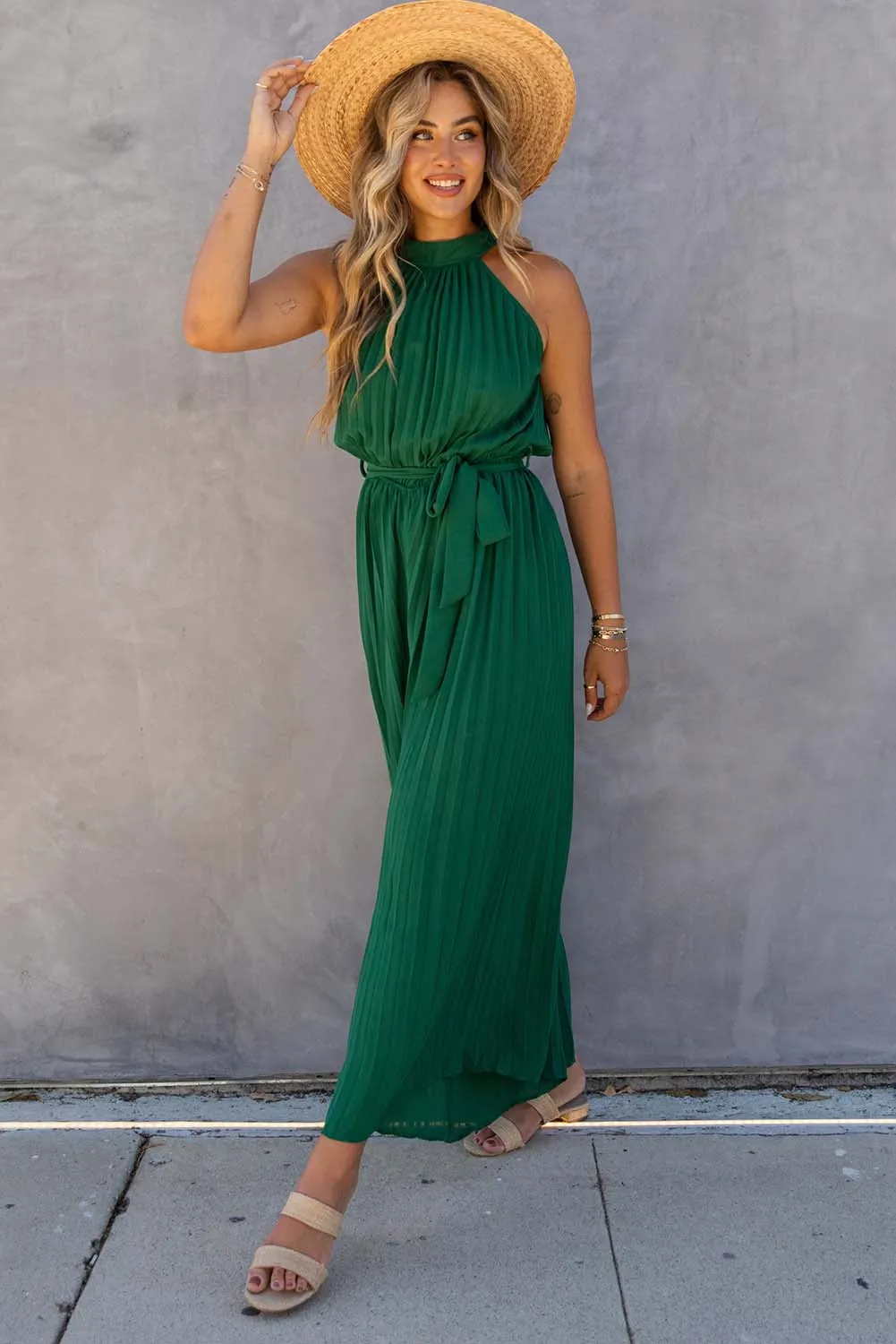 Halter Neck Pleated Wide Leg Jumpsuit