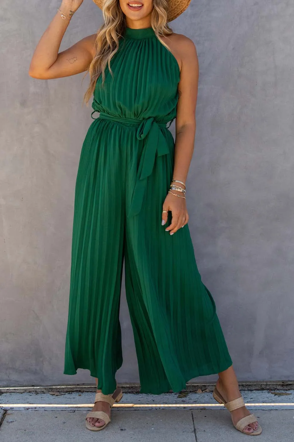 Halter Neck Pleated Wide Leg Jumpsuit