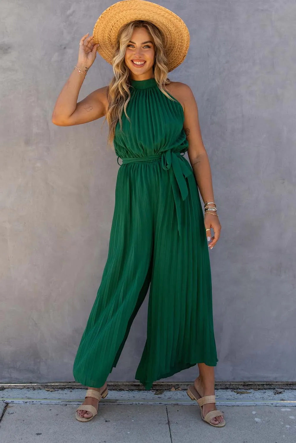 Halter Neck Pleated Wide Leg Jumpsuit