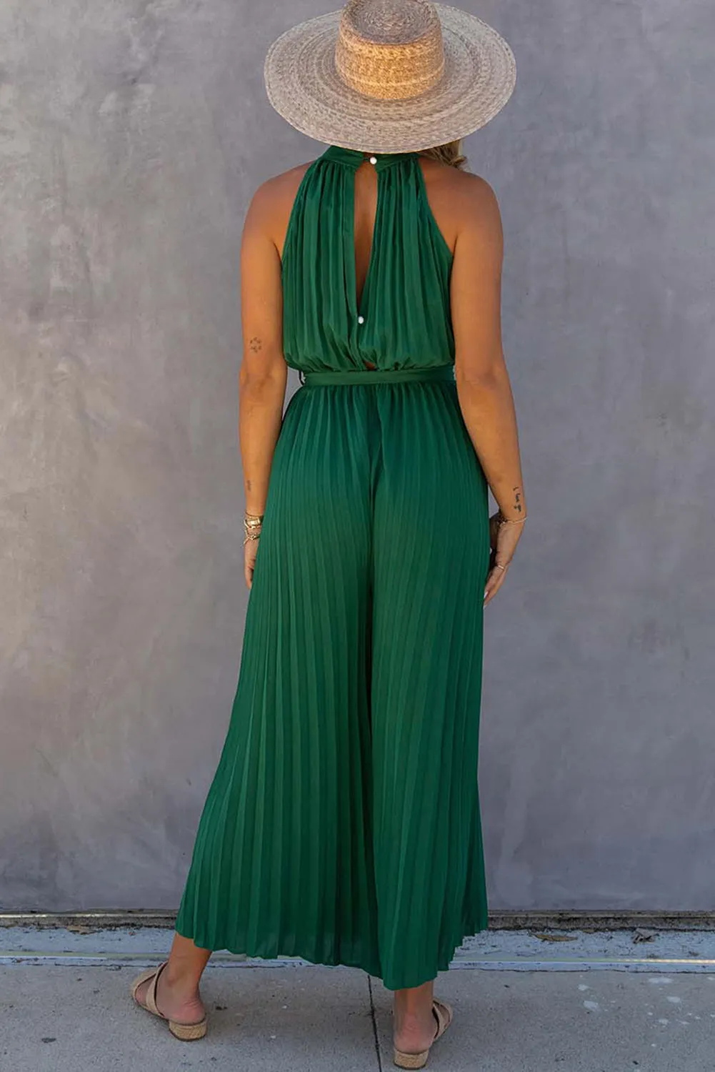 Halter Neck Pleated Wide Leg Jumpsuit