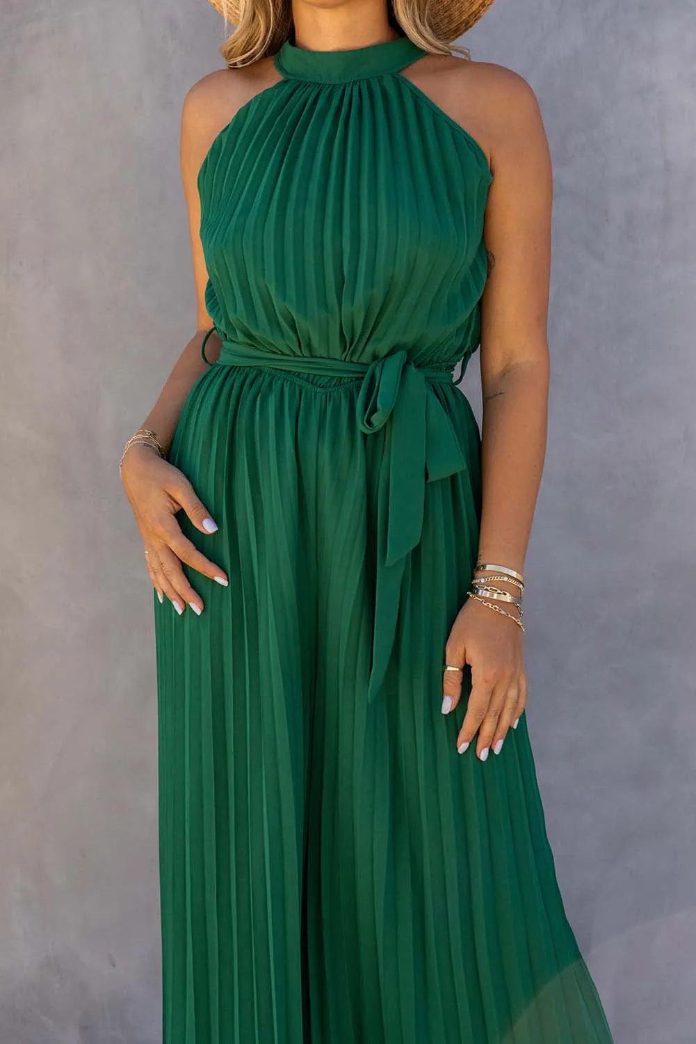 Halter Neck Pleated Wide Leg Jumpsuit