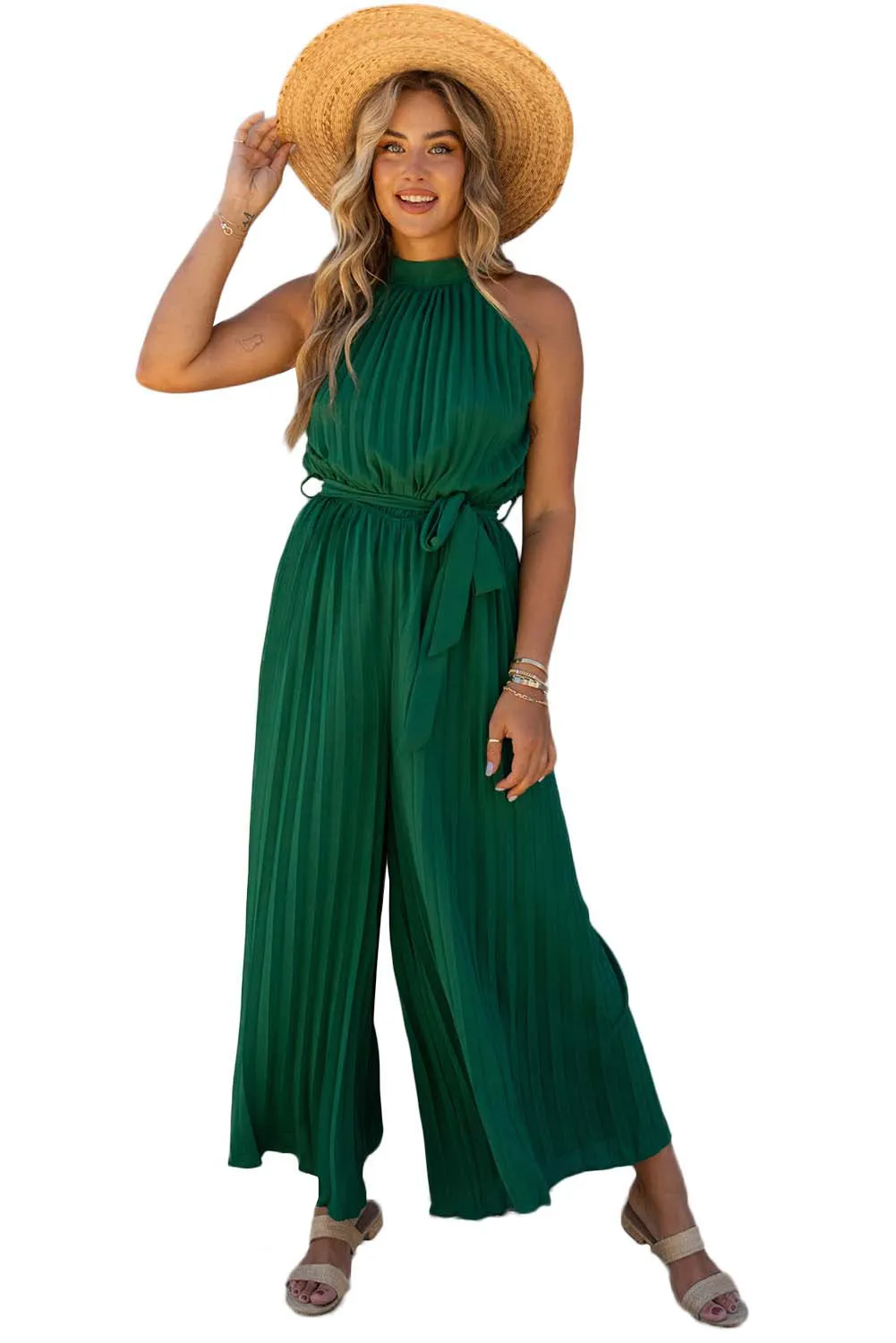 Halter Neck Pleated Wide Leg Jumpsuit