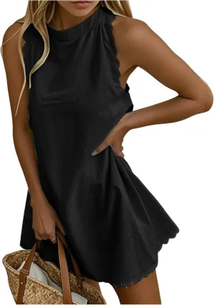 Halter Scallop Sleeveless Tank Dress for Women 2025 Linen V-Neck Short Dress A-line Hem Flowy Beach Skirt Linen Dresses