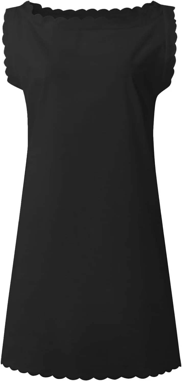 Halter Scallop Sleeveless Tank Dress for Women 2025 Linen V-Neck Short Dress A-line Hem Flowy Beach Skirt Linen Dresses
