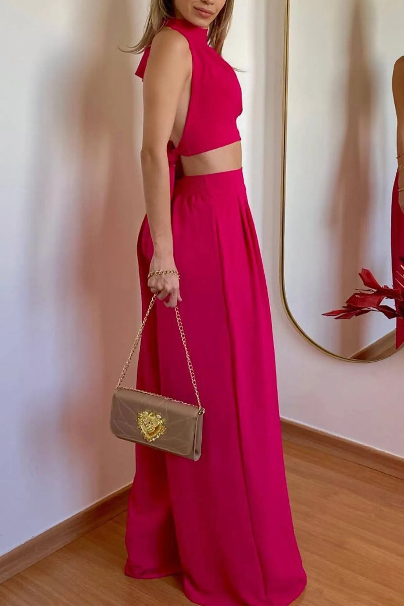 Halterneck Backless Tie Crop Top Wide Leg Pants Set