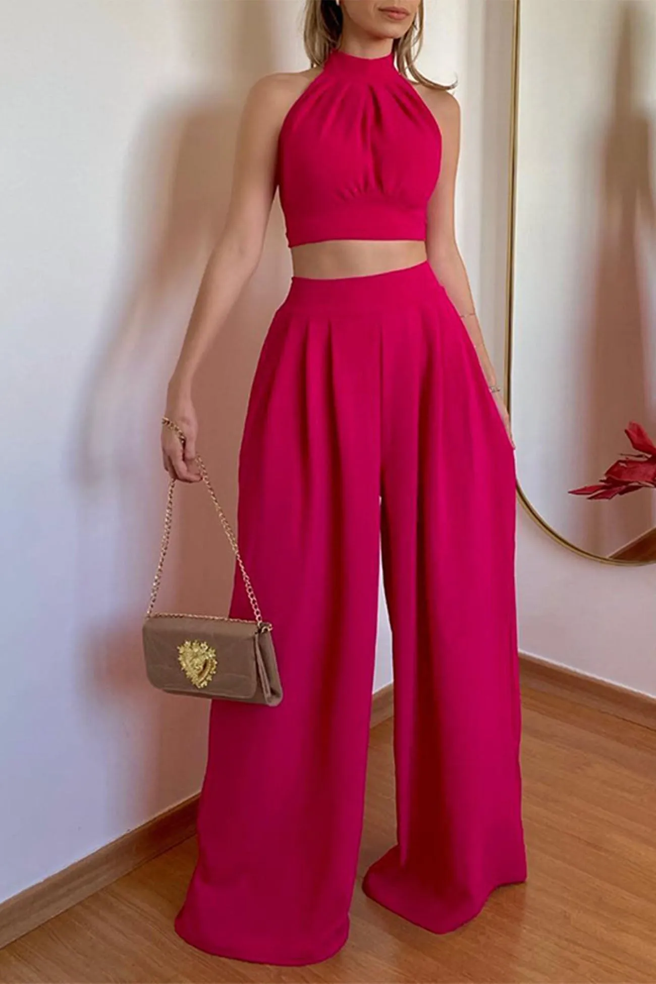 Halterneck Backless Tie Crop Top Wide Leg Pants Set