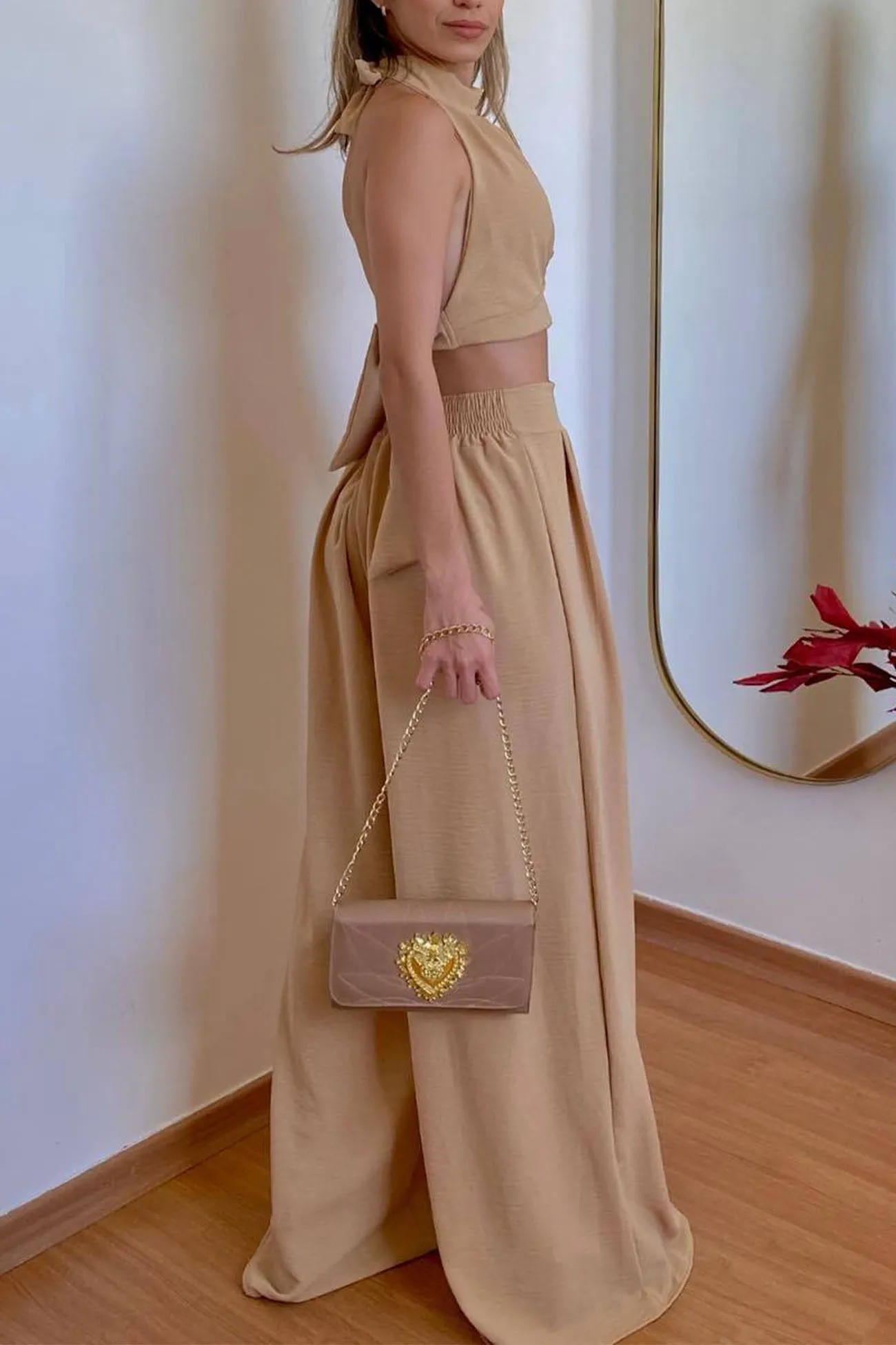 Halterneck Backless Tie Crop Top Wide Leg Pants Set