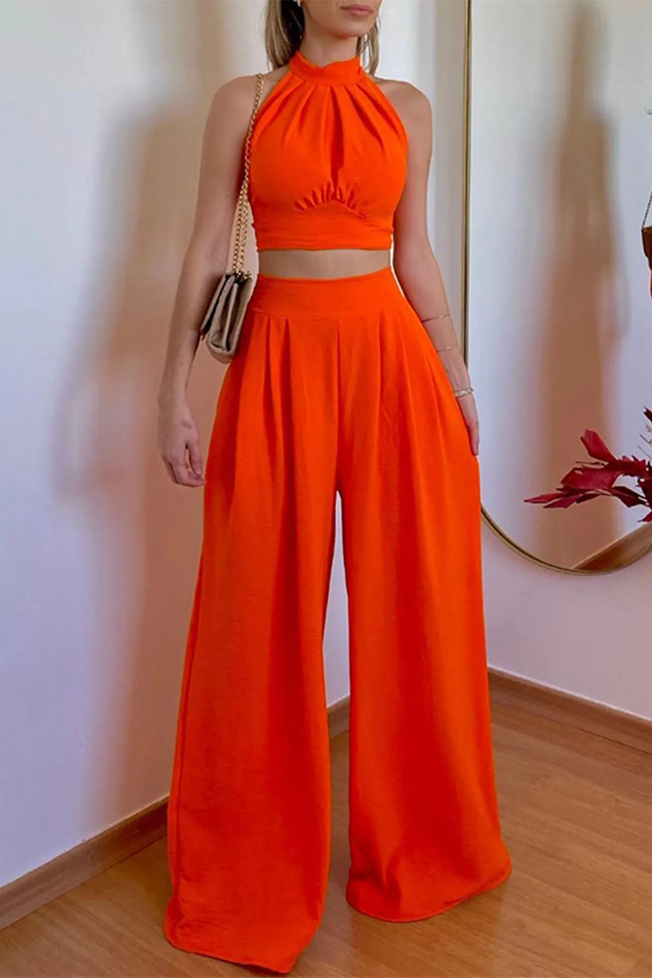 Halterneck Backless Tie Crop Top Wide Leg Pants Set
