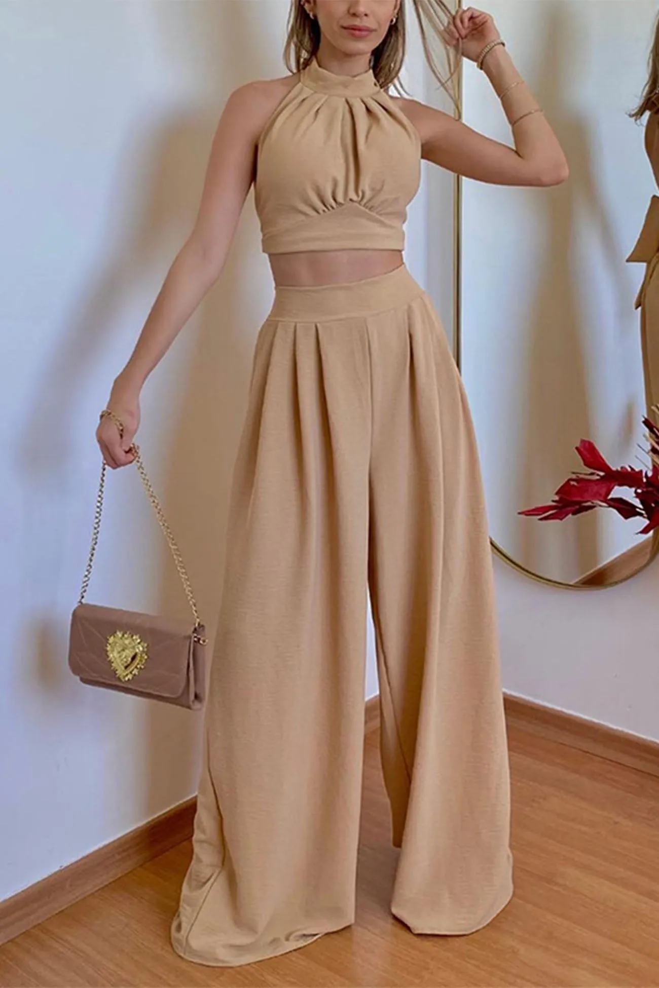 Halterneck Backless Tie Crop Top Wide Leg Pants Set