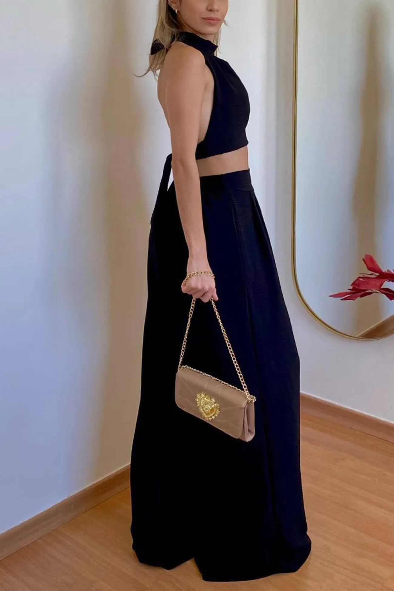 Halterneck Backless Tie Crop Top Wide Leg Pants Set