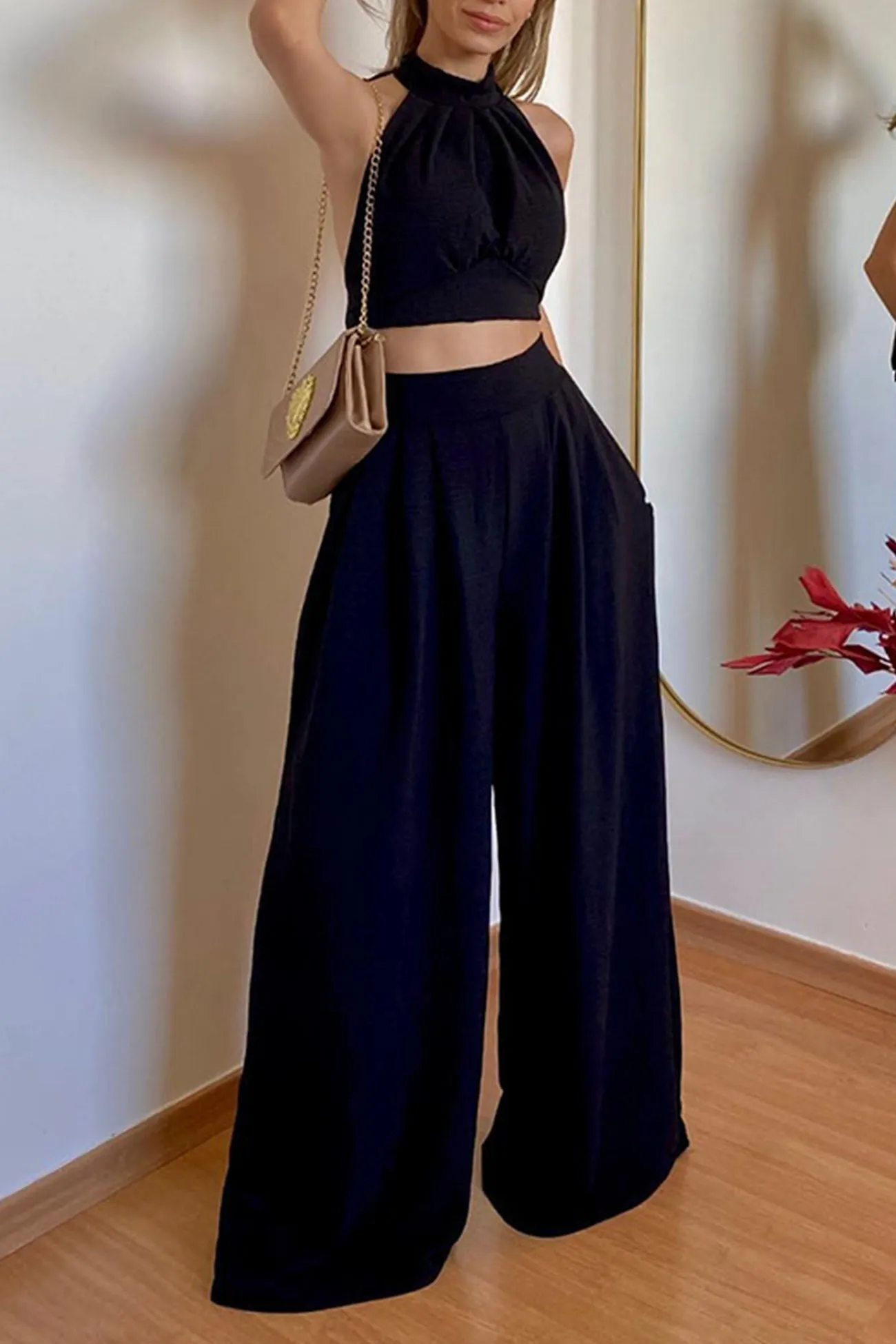Halterneck Backless Tie Crop Top Wide Leg Pants Set