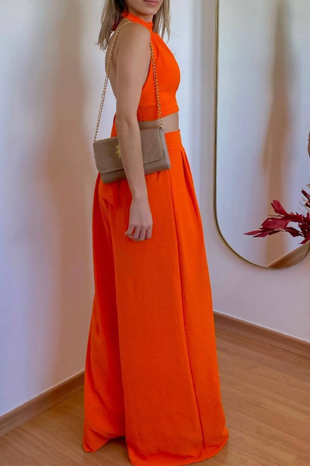 Halterneck Backless Tie Crop Top Wide Leg Pants Set