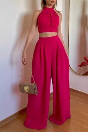 Halterneck Backless Tie Crop Top Wide Leg Pants Set