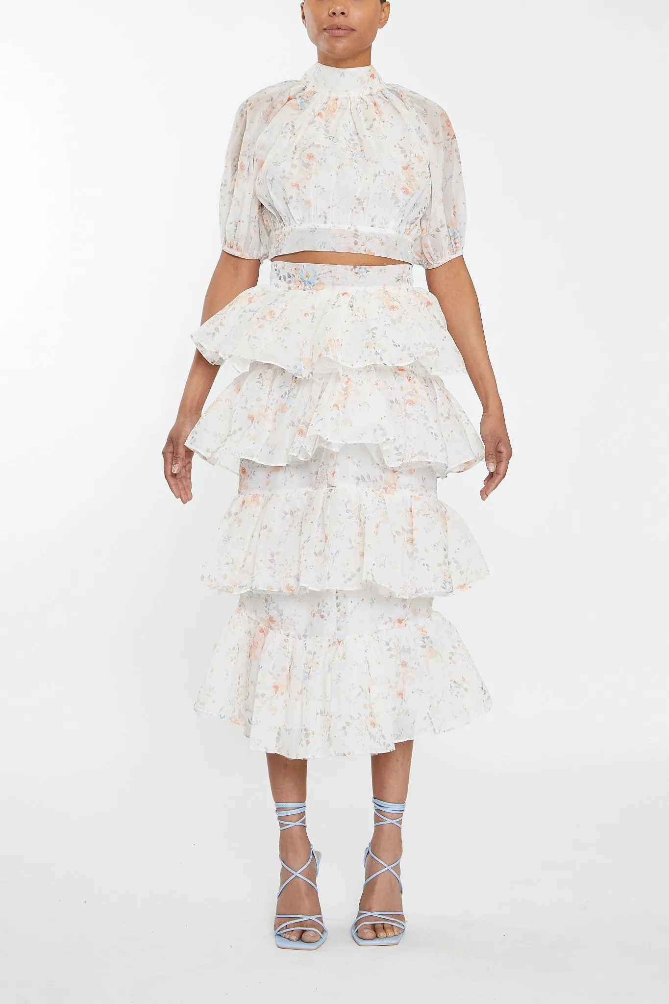 Harper Co-ord Cream Watercolour Organza Puff Sleeve Crop Top