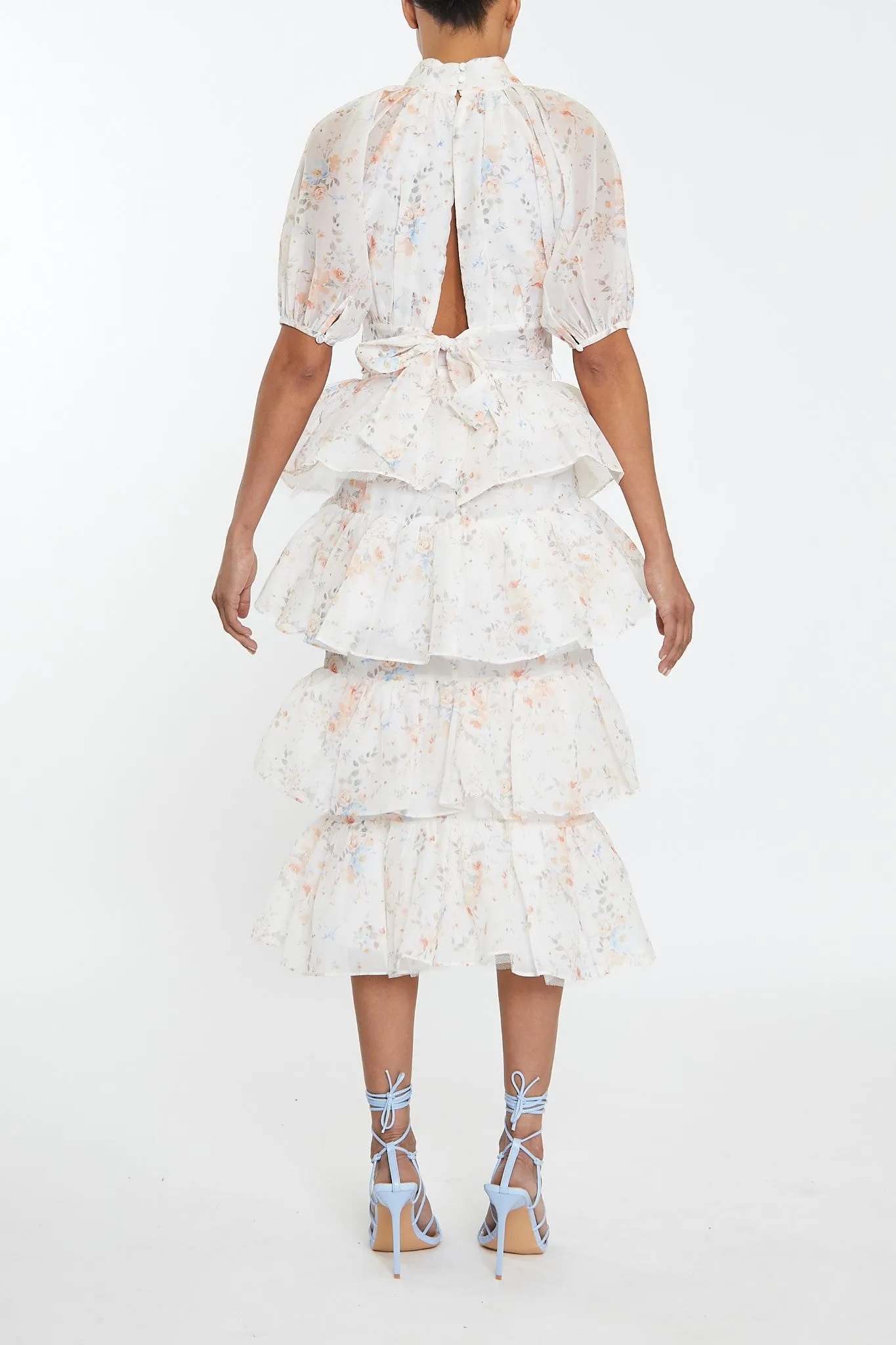 Harper Co-ord Cream Watercolour Organza Puff Sleeve Crop Top