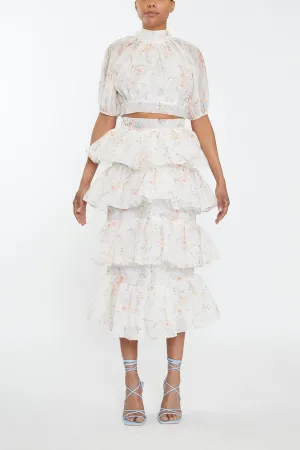 Harper Co-ord Cream Watercolour Organza Puff Sleeve Crop Top