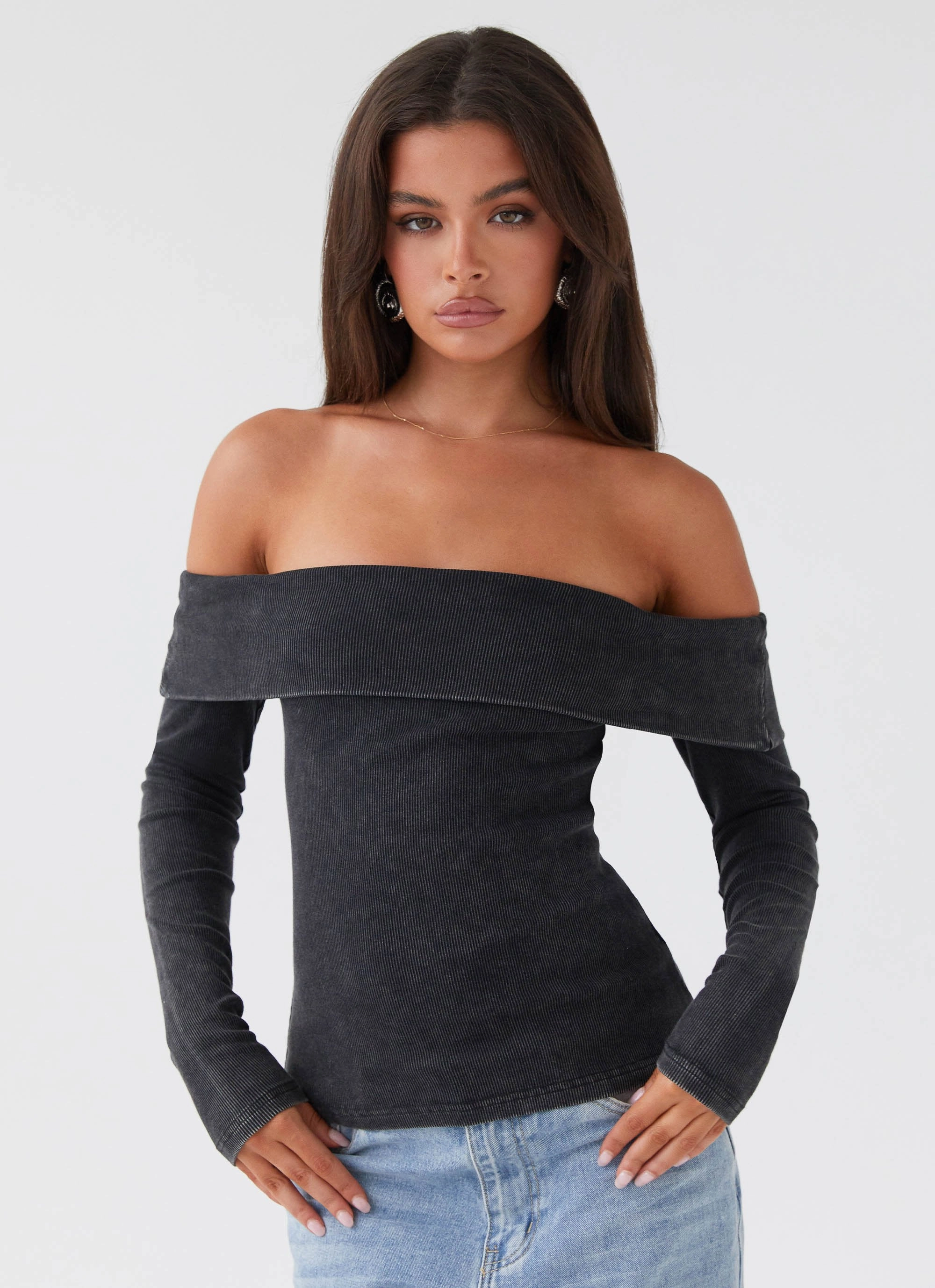 Hayley Long Sleeve Ribbed Top - Charcoal Acid Wash LowMaintenance Fabric
