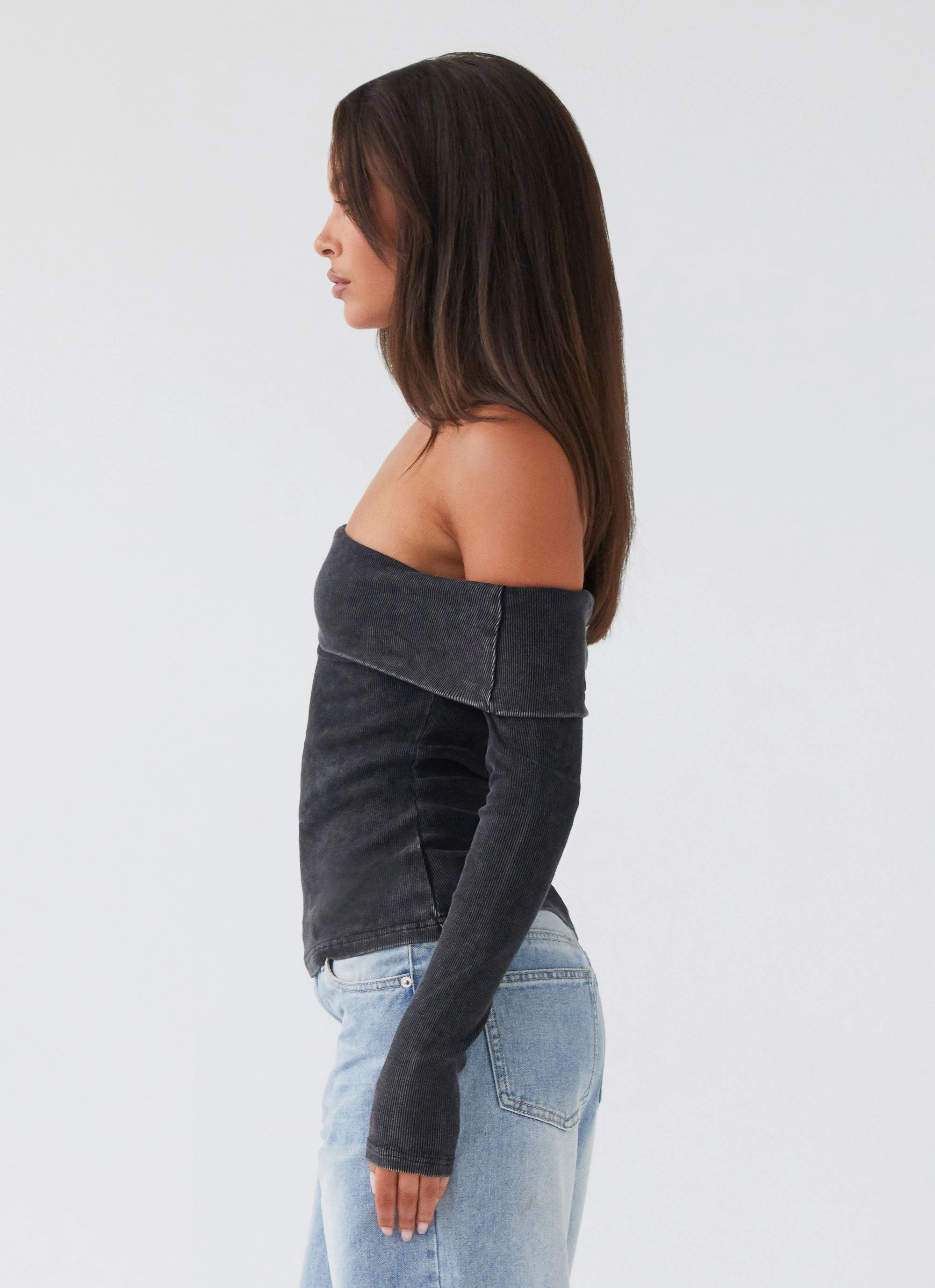 FlexibleElasticatedEdging All Purpose Casual Cut Hayley Long Sleeve Ribbed Top - Charcoal Acid Wash