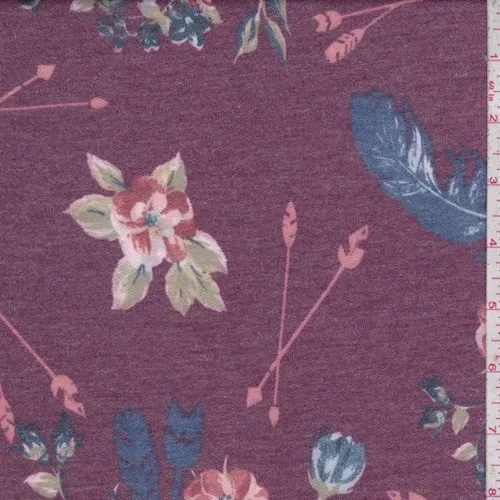 Heather Mulberry/Blue Arrow Floral Double Brushed French Terry Knit Fabric