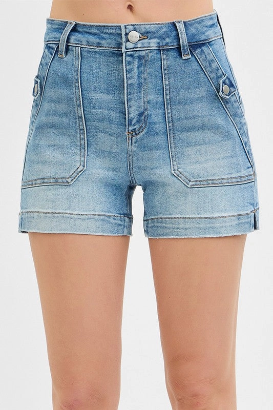 Henry High Rise Patched Pocket Shorts S-XL Synthetic Blend Simple Styling