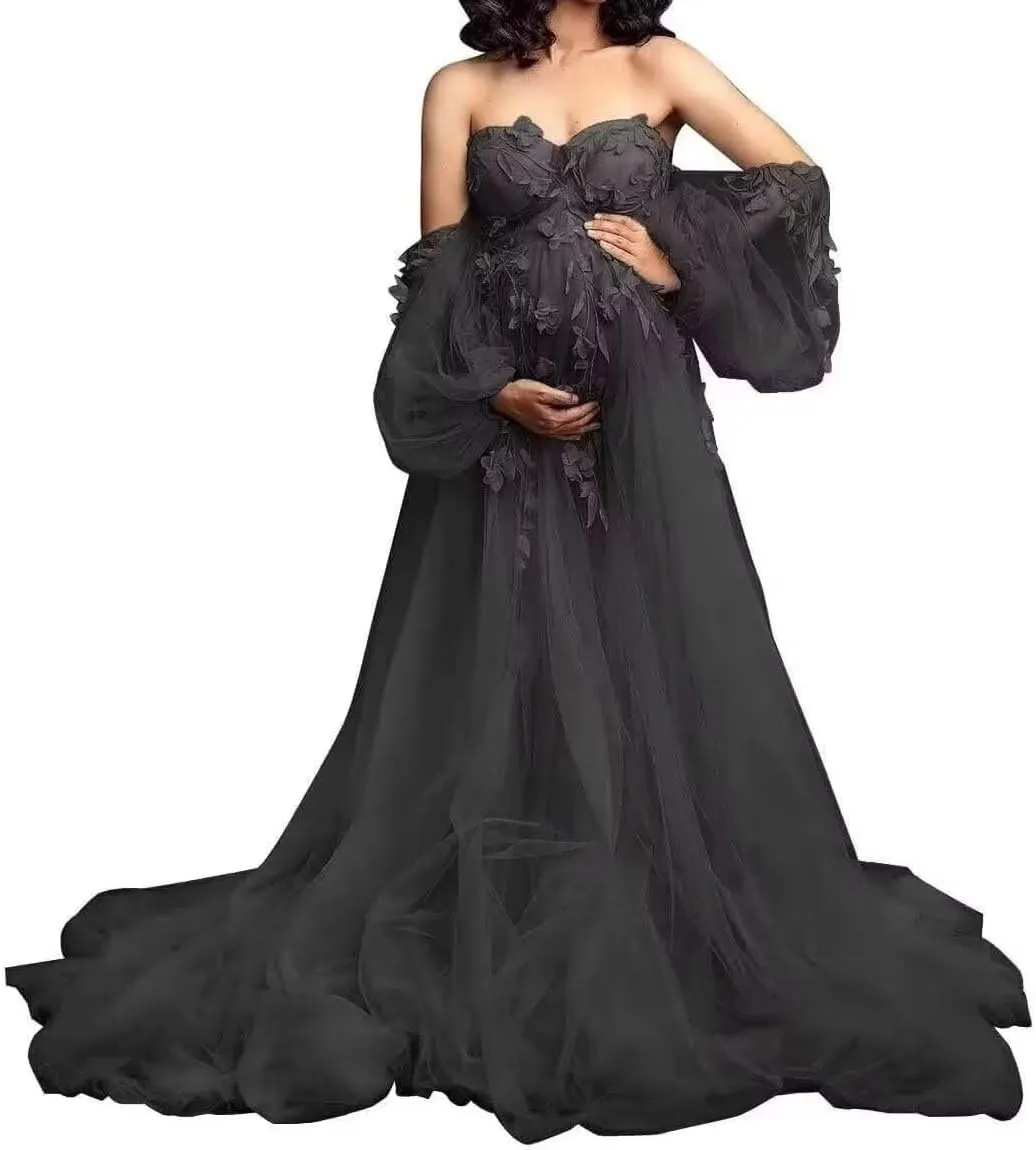 HEWEIGUI Off Shoulder Maternity Dress Tulle Baby Shower Dress for Photoshoot Appliques Maternity Gowns Pregnancy Gown