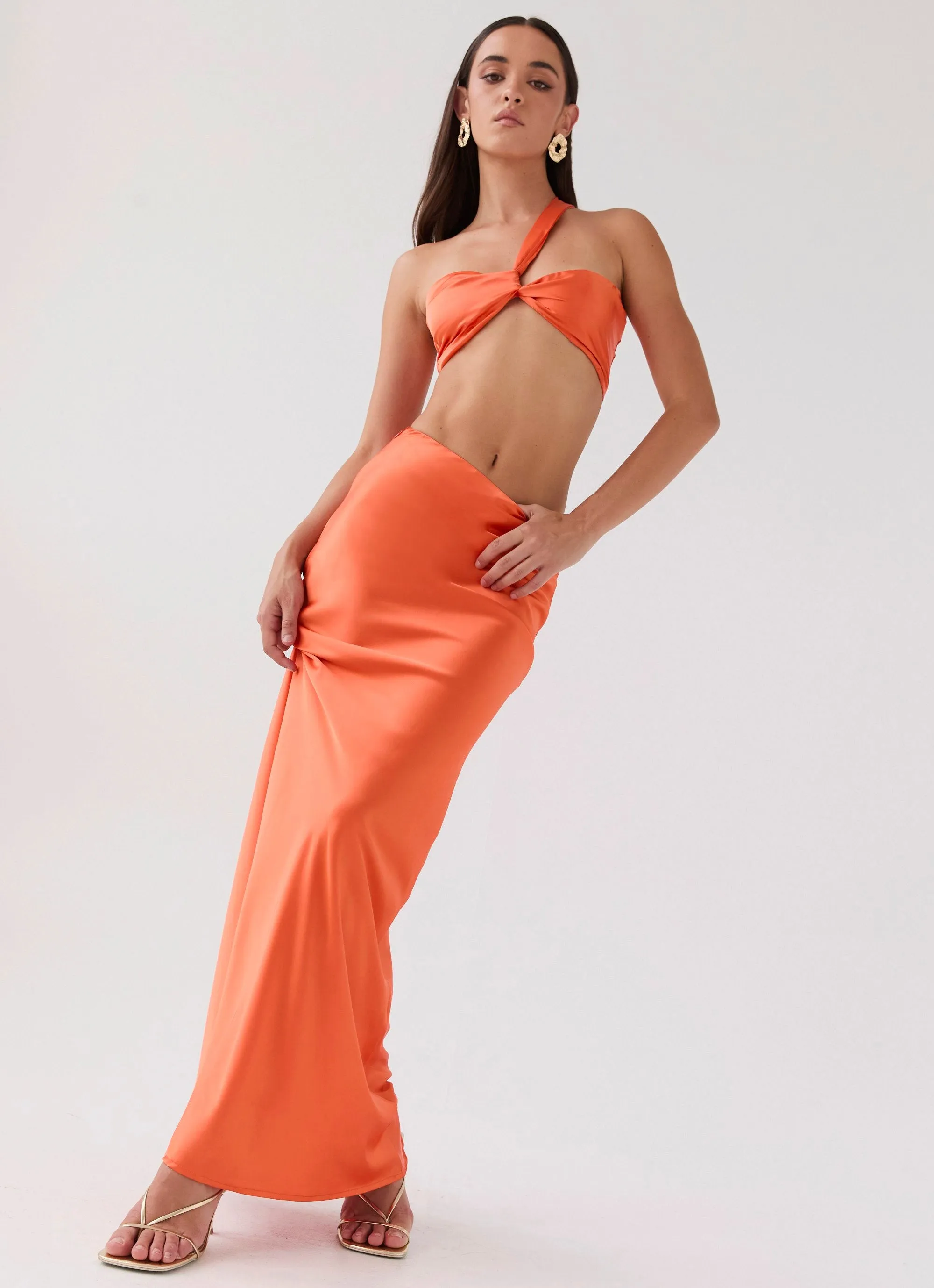 Hidden Oasis Satin Maxi Skirt - Tangerine On The Go