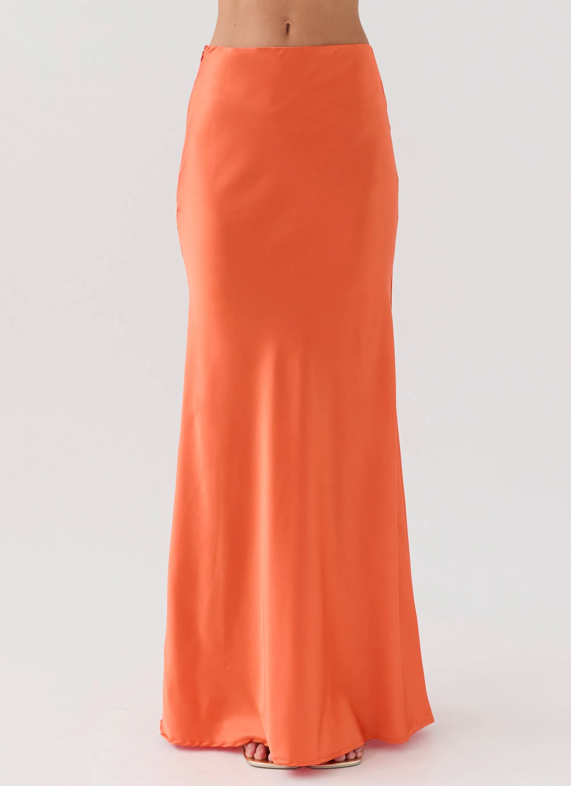 Hidden Oasis Satin Maxi Skirt - Tangerine Flattering Comfort Wear