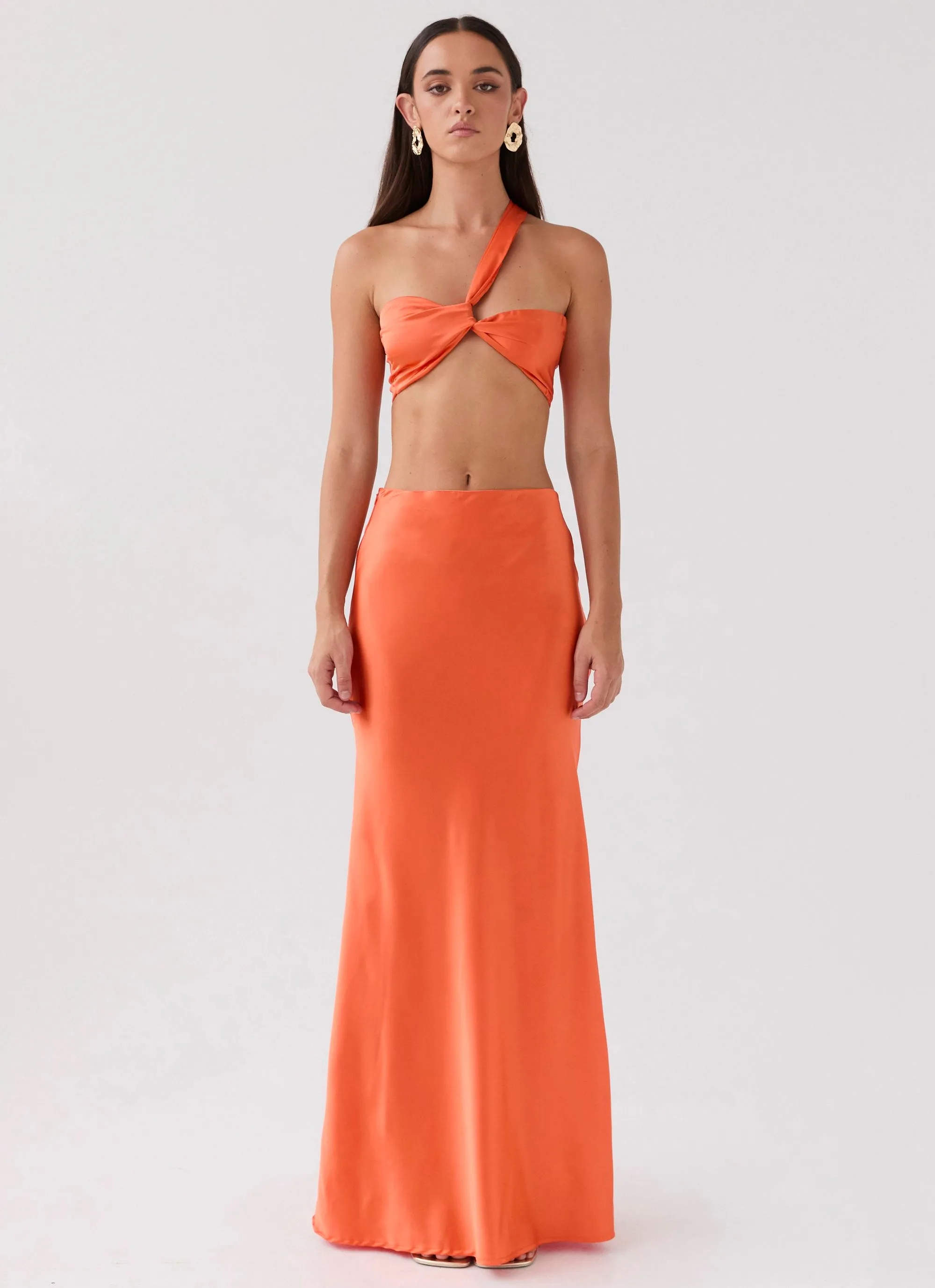 EcoFriendlyMaterial Light Reflective Details Hidden Oasis Satin Maxi Skirt - Tangerine