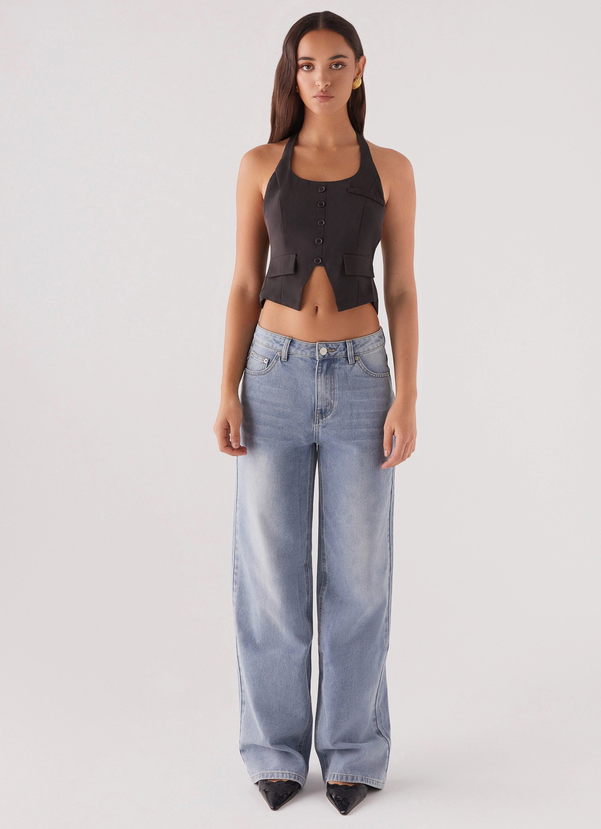 Kendra Backless Vest - Black Button Down Collar Ethically Sourced Material