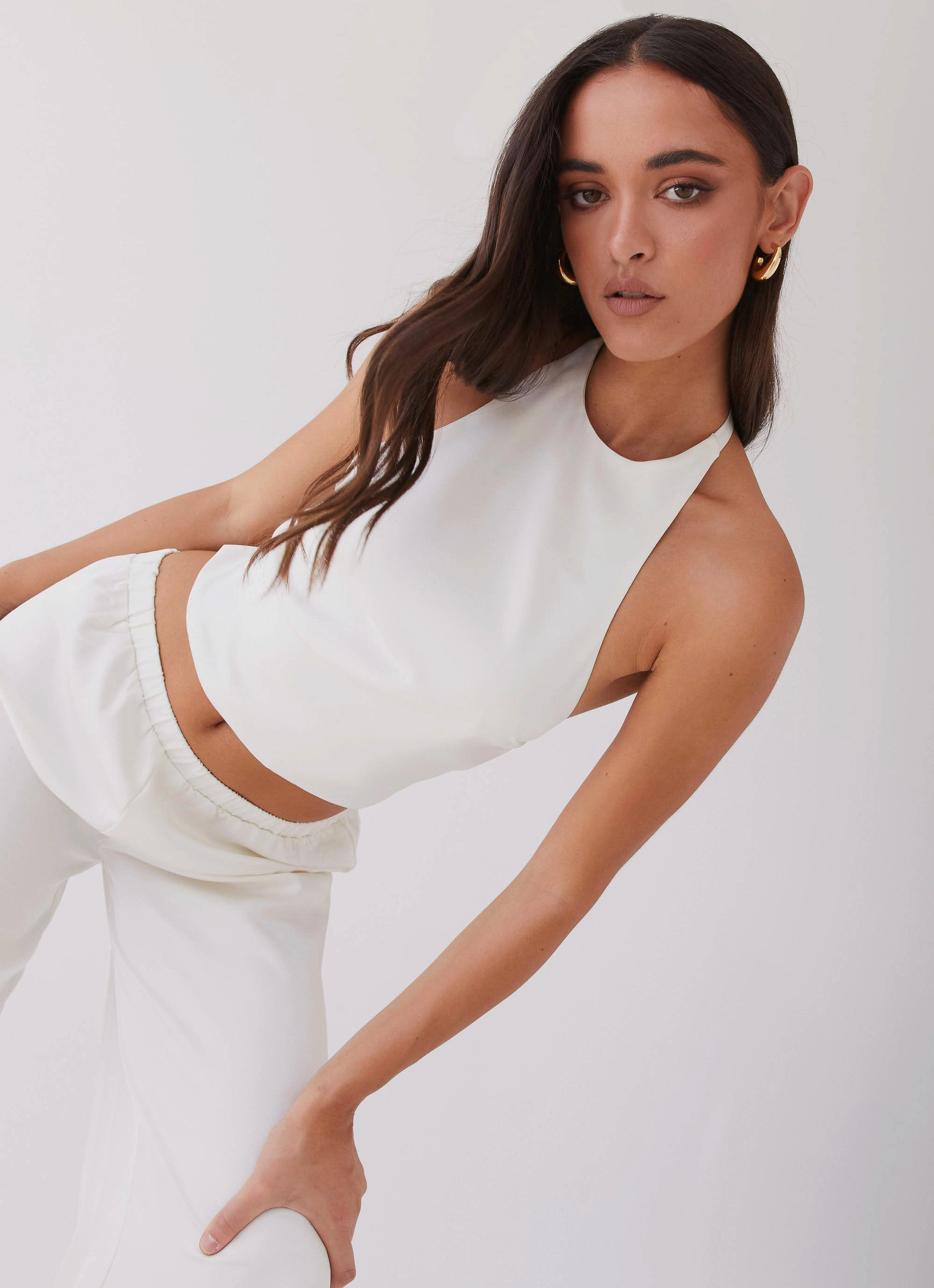 Bree Satin Halterneck Top - Pearl RibbedNeckline