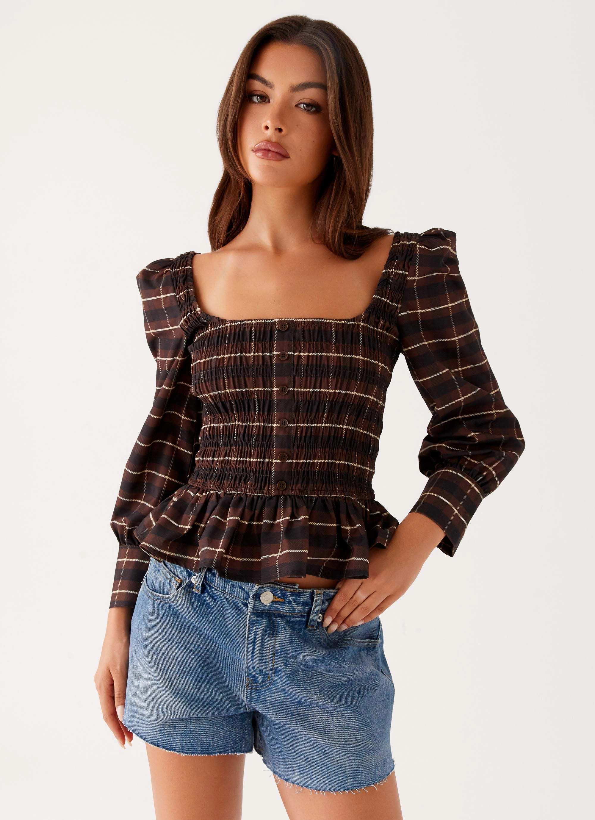 Joyce Long Sleeve Shirred Top - Chocolate Check AntiStaticLining StaticResistantFabric