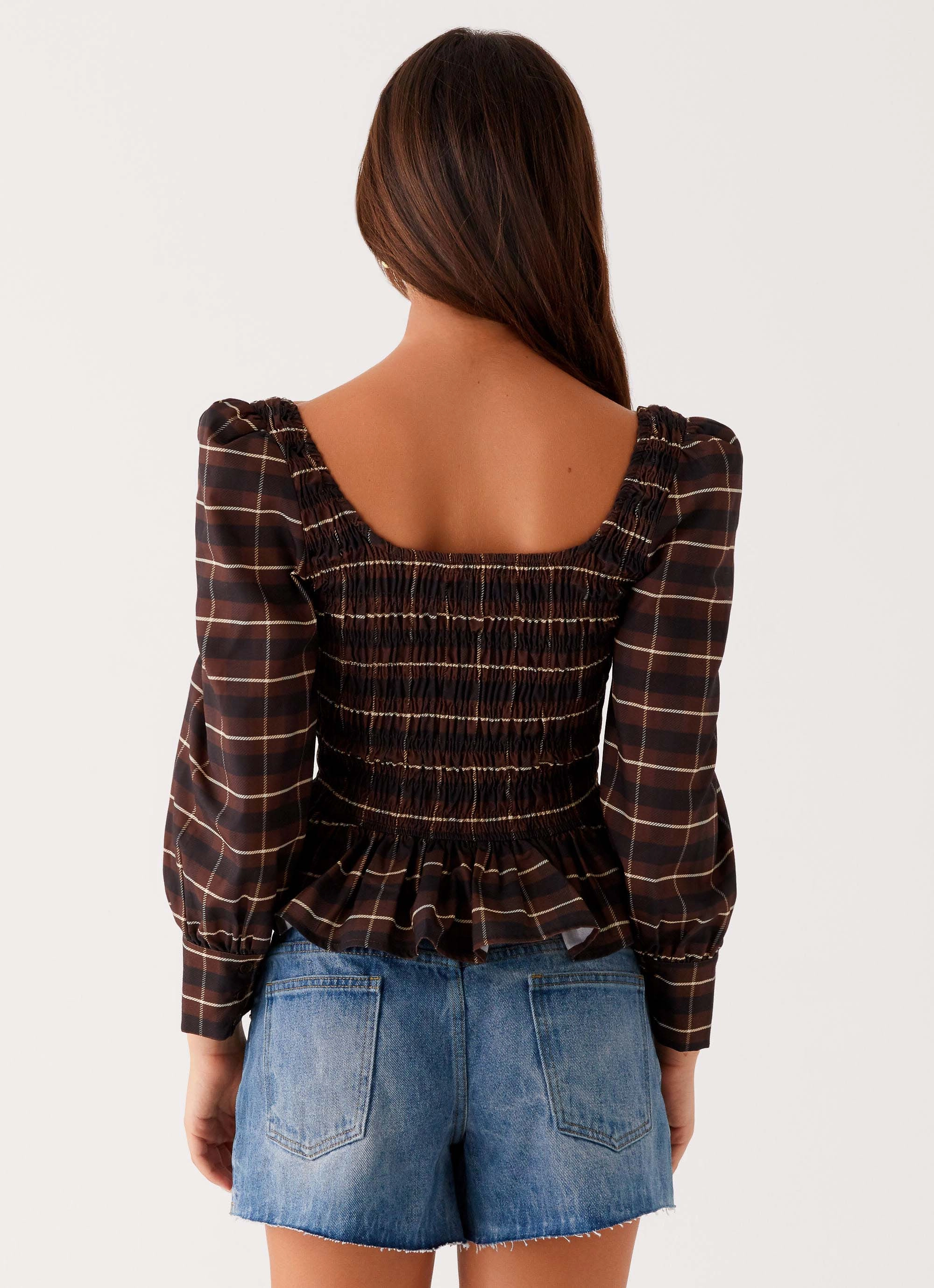 EcoFriendlyMaterial Joyce Long Sleeve Shirred Top - Chocolate Check