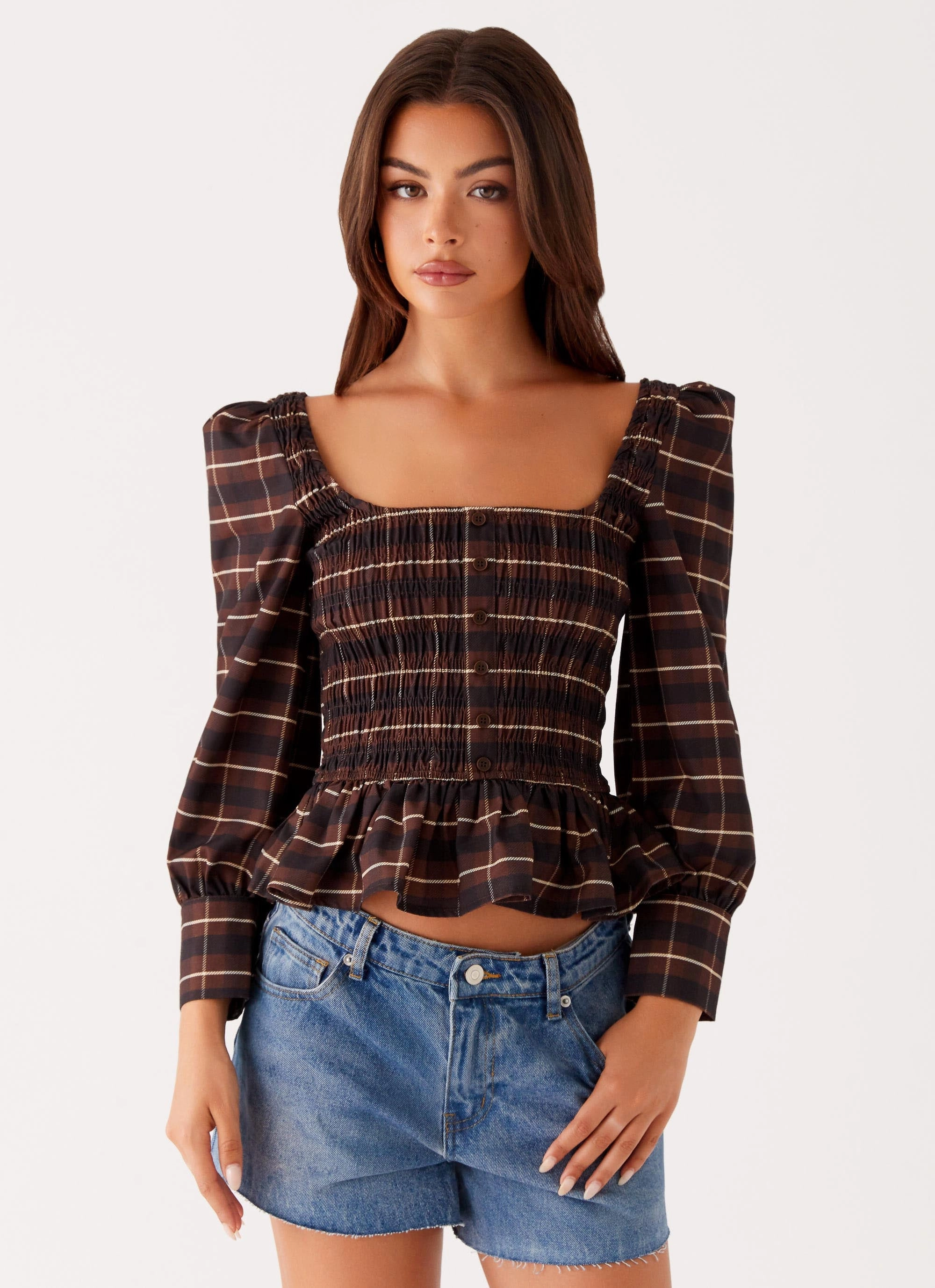 Joyce Long Sleeve Shirred Top - Chocolate Check Comfortable Design