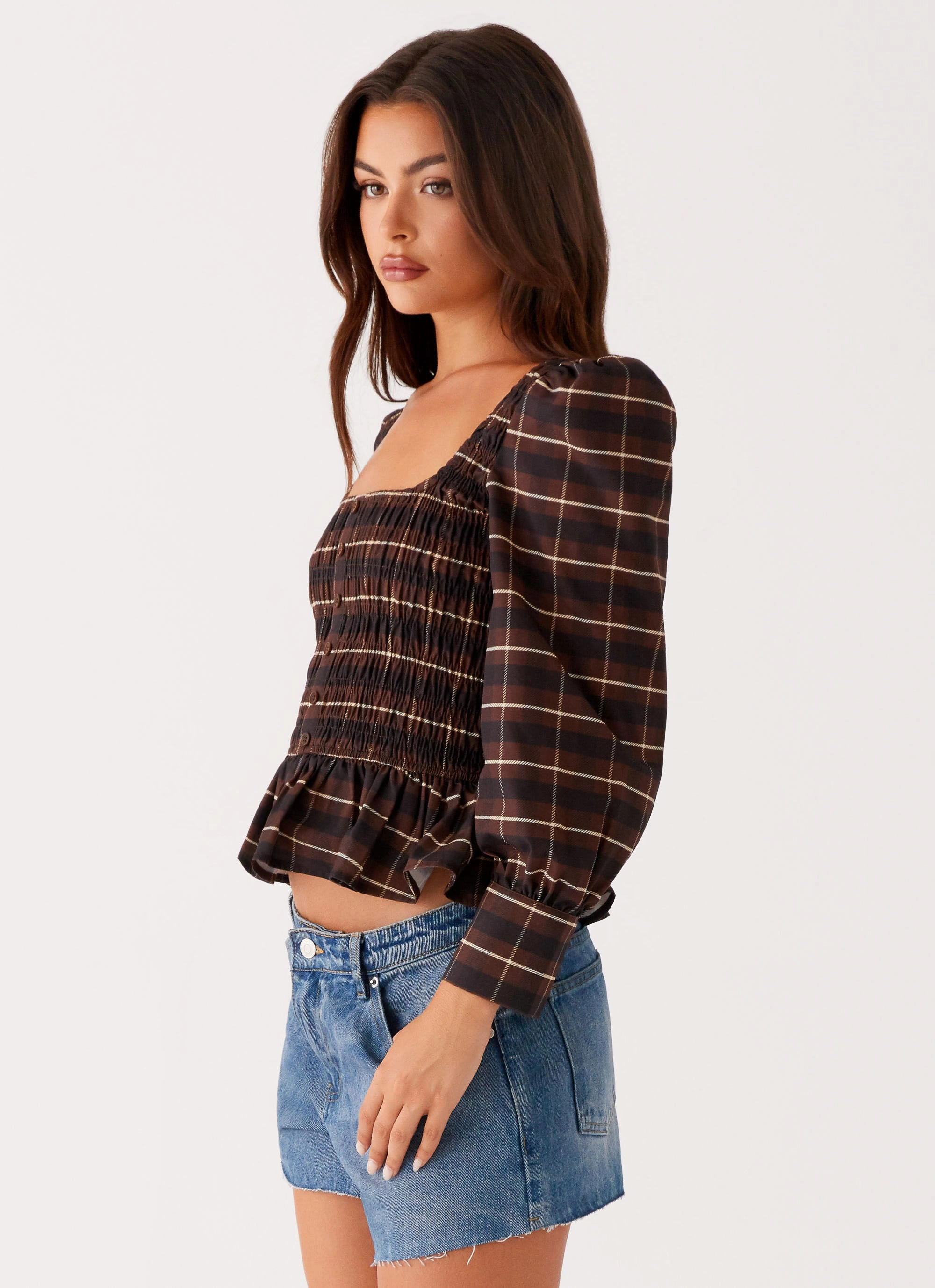 Temperature Control Technology Joyce Long Sleeve Shirred Top - Chocolate Check