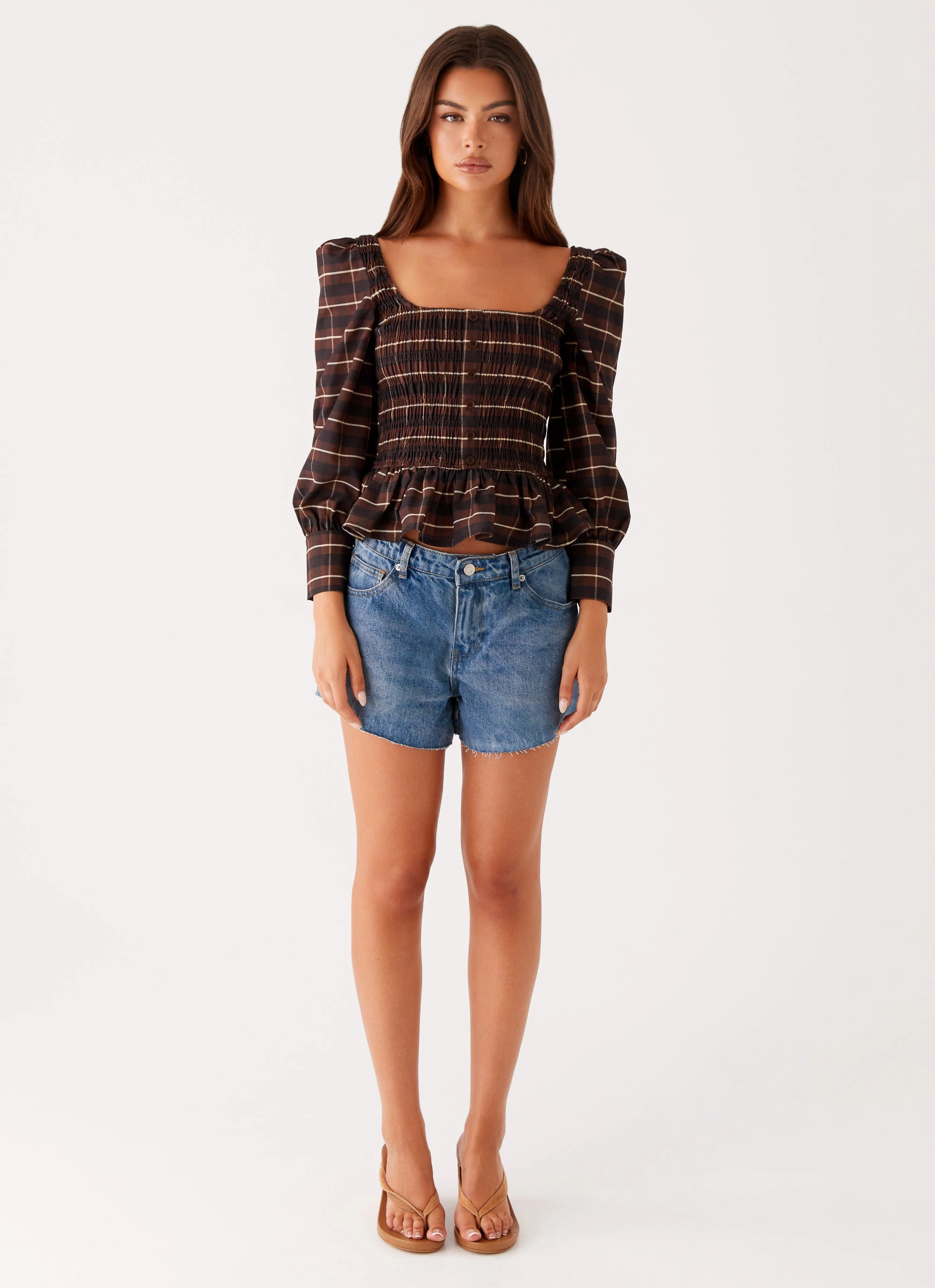 Temperature control Joyce Long Sleeve Shirred Top - Chocolate Check