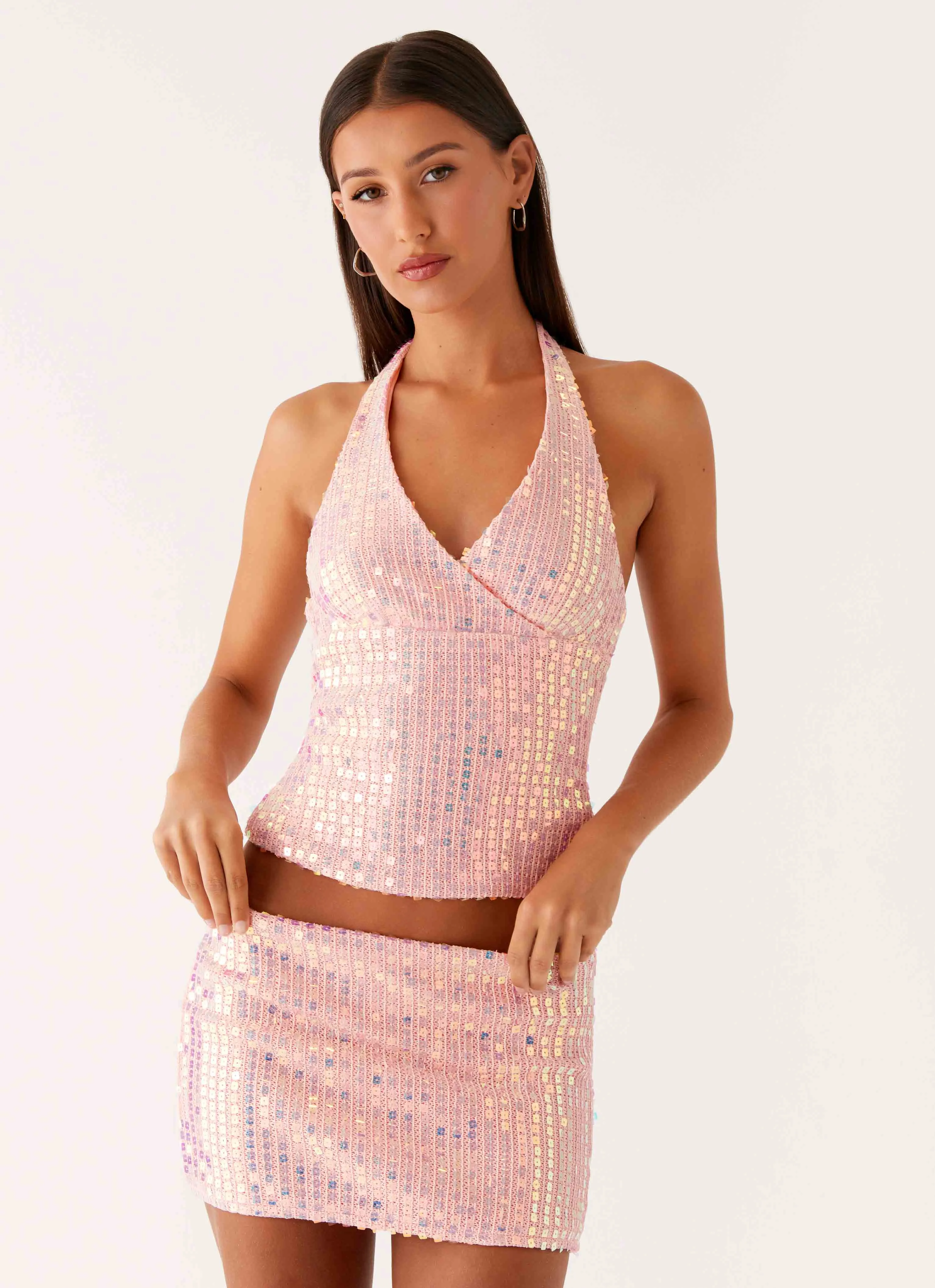 Been That Girl Knit Sequin Mini Skirt - Iridescent Pink Anti Cling Finish