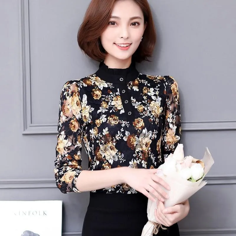 High Neck Slim Printed Shirt Lace Tops