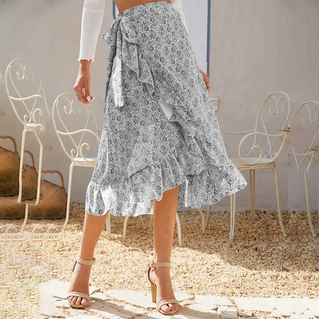 High Waist Fashion Wrap Floral Ruffle  Skirts
