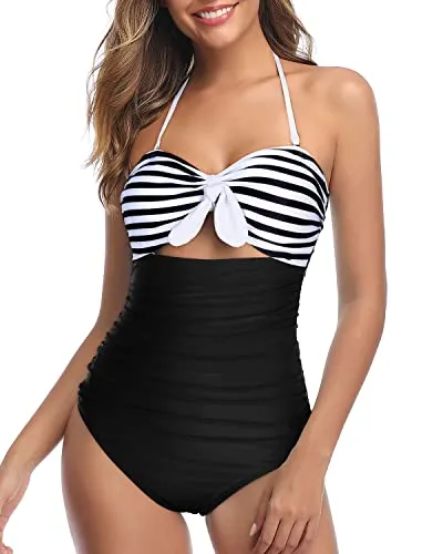 High Waisted Halter Retro High Waist Swimsuits-Black And White Stripe