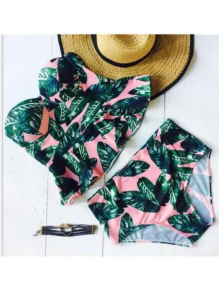High Waisted Leaf Print Bikini Sets