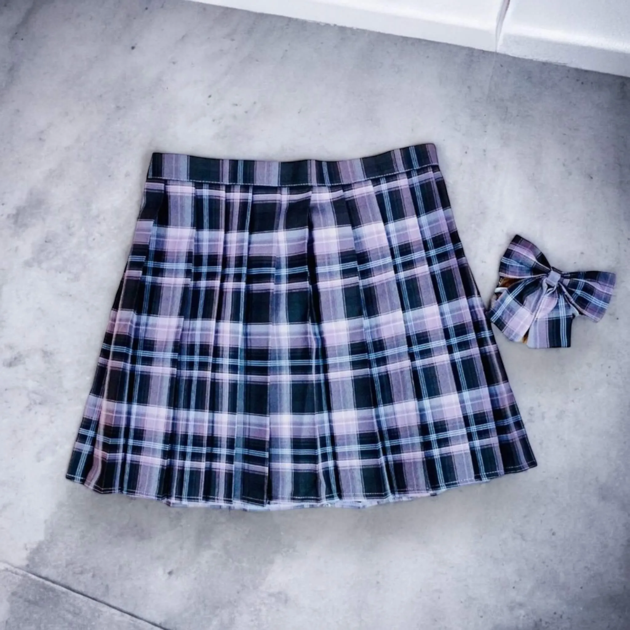 High Waisted Purple Plaid Pleated Mini Skirt