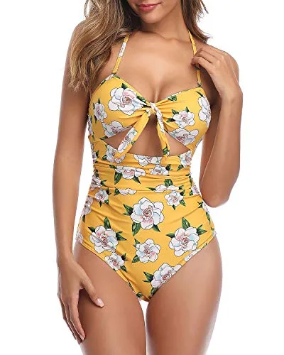 High Waisted Shirring Tummy Control One Piece Swimsuits-Yellow Floral