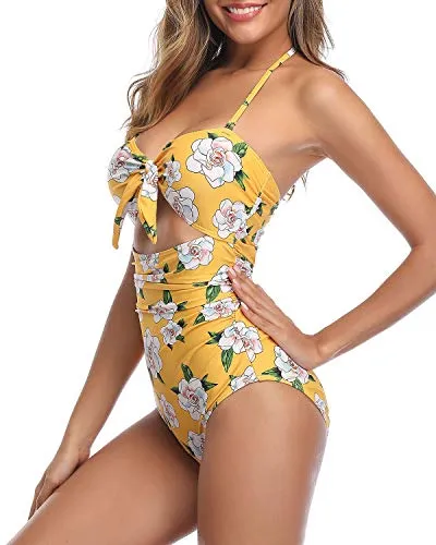 High Waisted Shirring Tummy Control One Piece Swimsuits-Yellow Floral
