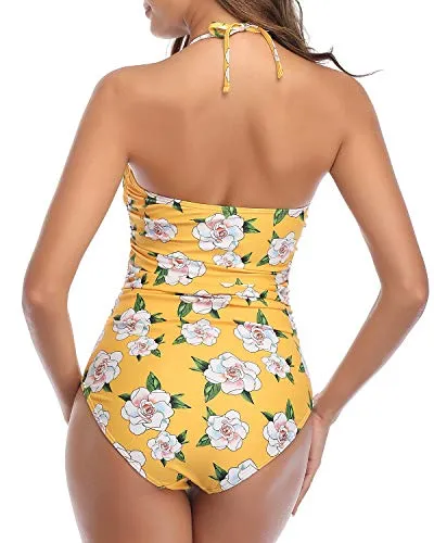 High Waisted Shirring Tummy Control One Piece Swimsuits-Yellow Floral