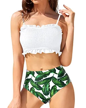 High Waisted Smocked Ruffled Bikini For Women-White Leaf