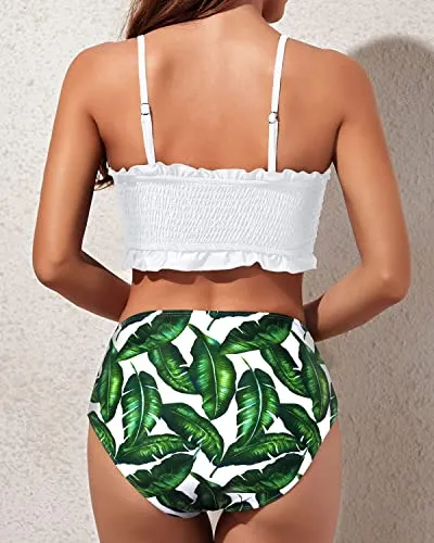 High Waisted Smocked Ruffled Bikini For Women-White Leaf