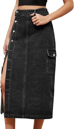 High Waisted Split Jean Skirt for Women Button Front Pencil Denim Midi Skirt